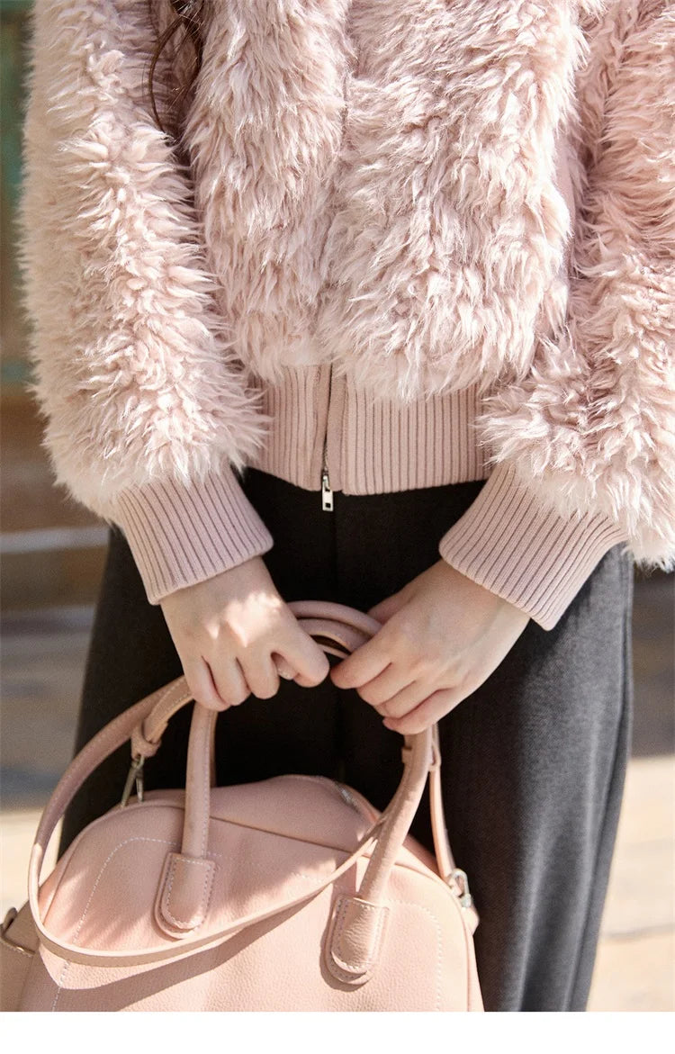 Mishow Pink Stand Collar Faux Lamb Wool Coat MXE91W0974