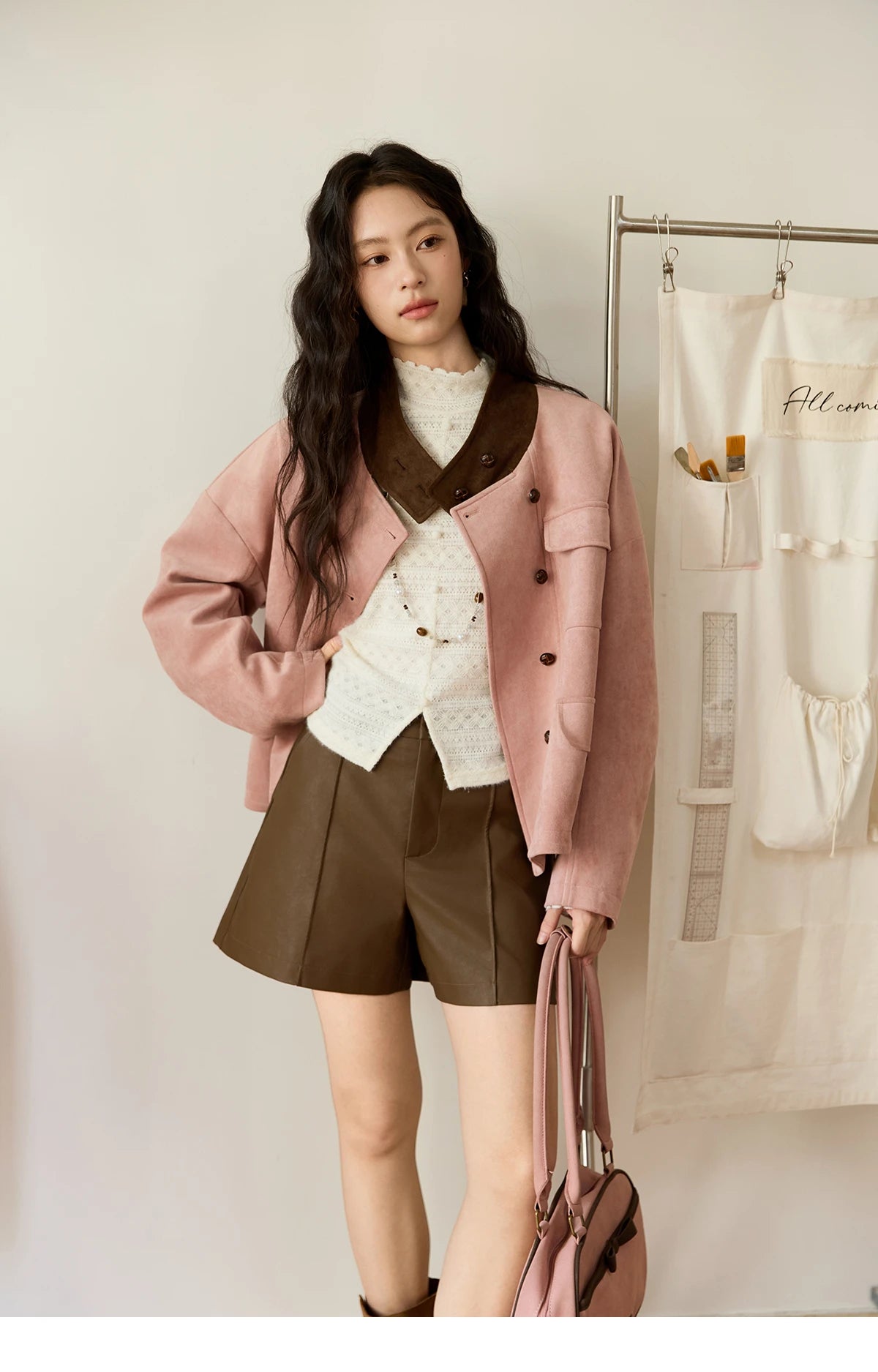 MISHOW Pink Coffee Suede Jacket Stand Collar Contrast Color MXE48W0851