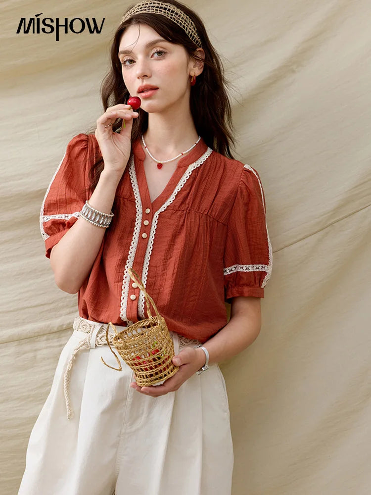 MISHOW French Blouse Women V-Neck Short Sleeve Color Matching Shirt MXE31X1766