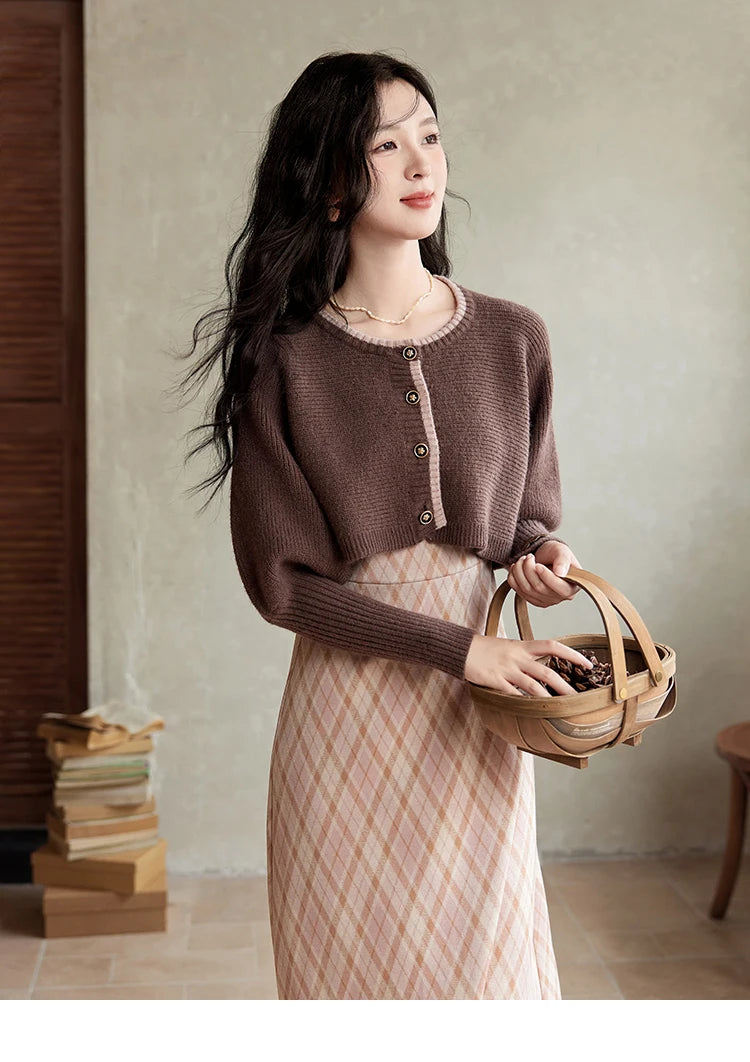 Mishow French Knitted Cardigan & Plaid Camisole Dress Set MXD43L2012