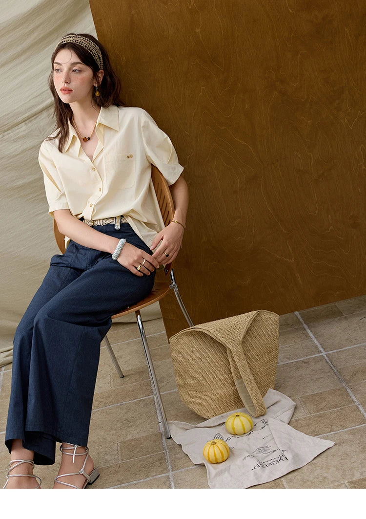 MISHOW French Turn-Down Collar Short Sleeve Solid Blouse MXE33C0778
