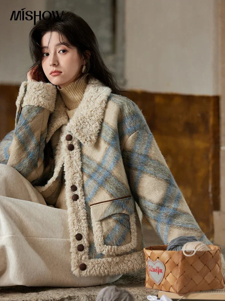 MISHOW Splicing Fleece Plaid Tweed Jacket Turn Down Collar MXD55W0574