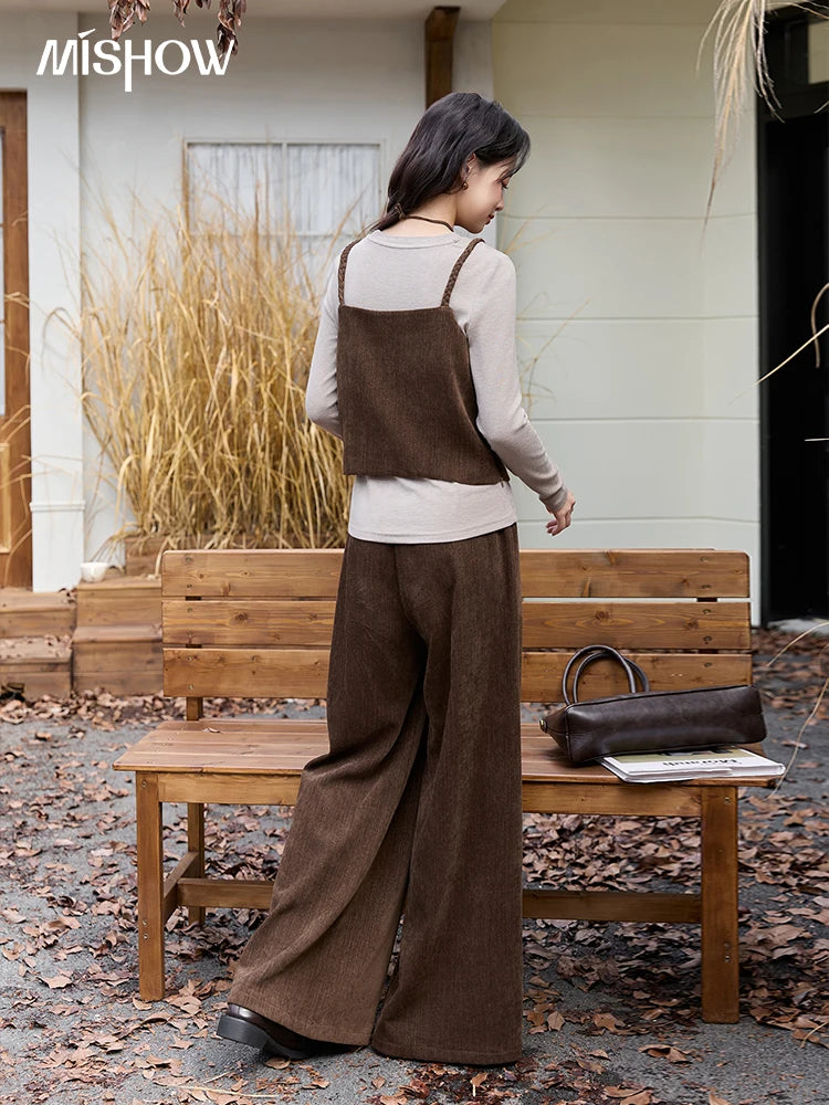 Mishow Brown Vest & Gray Top & Wide Leg Pants 3-Piece Set MXE49T1422