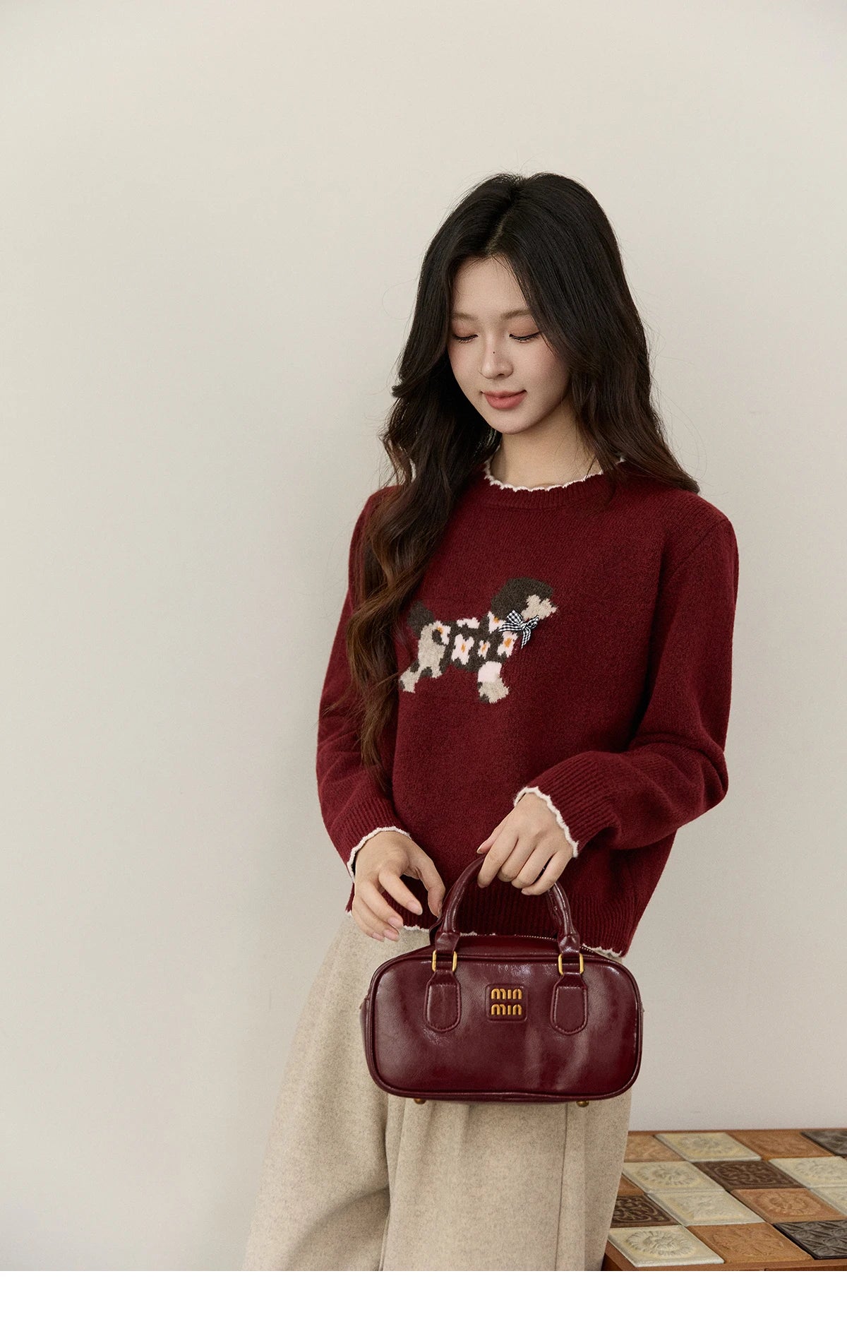 Mishow Burgundy Poodle Pattern Ruffled Trim Pullover MXE93Z2949
