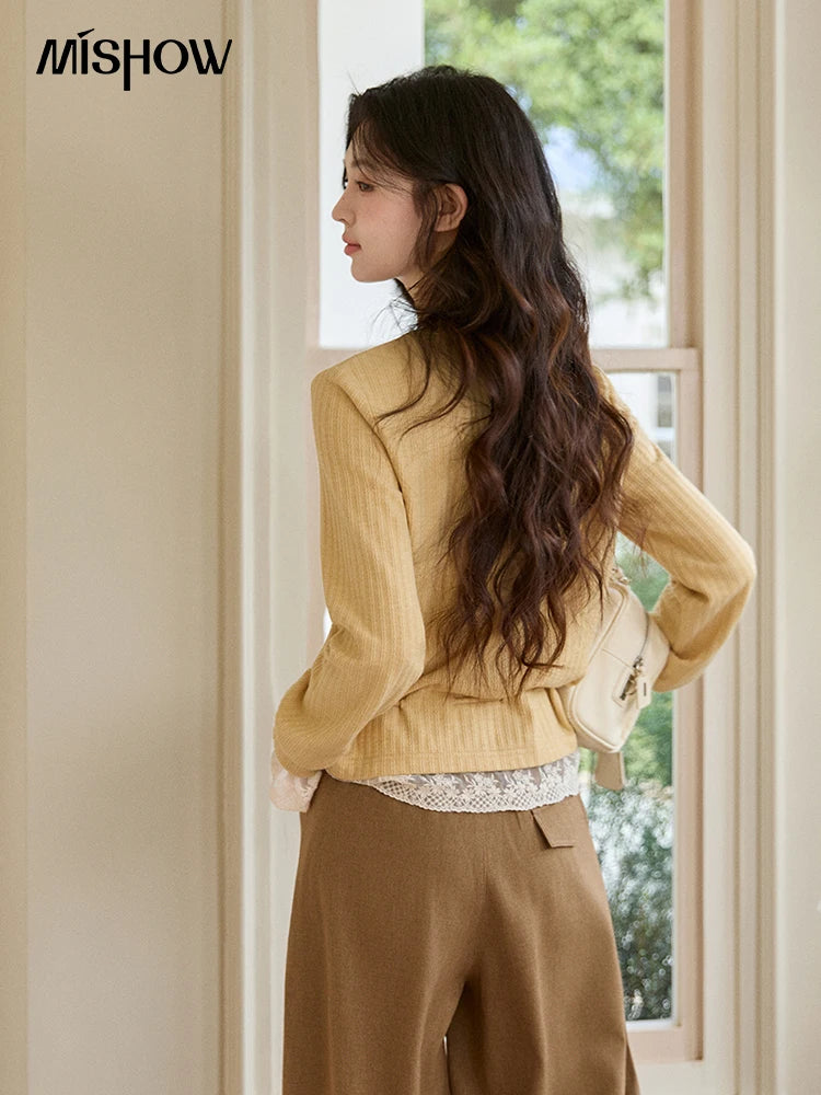 Mishow Yellow Ribbed Lace Trim Drawstring Cardigan MXF11Z2919