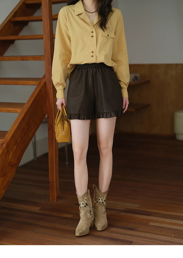 Mishow PU Leather High Waist Ruffle Hem Shorts MXE42K1068