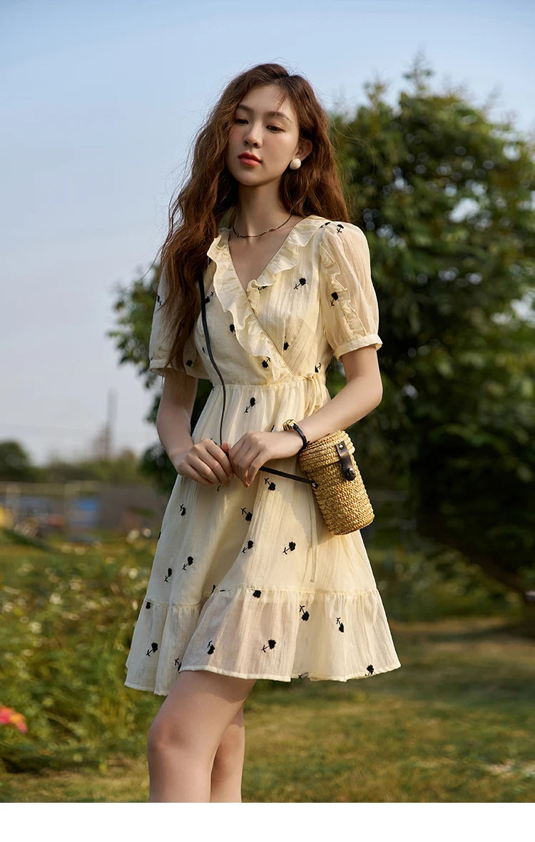 Mishow French Floral High Waist Puff Sleeve Dress MXC21L1282