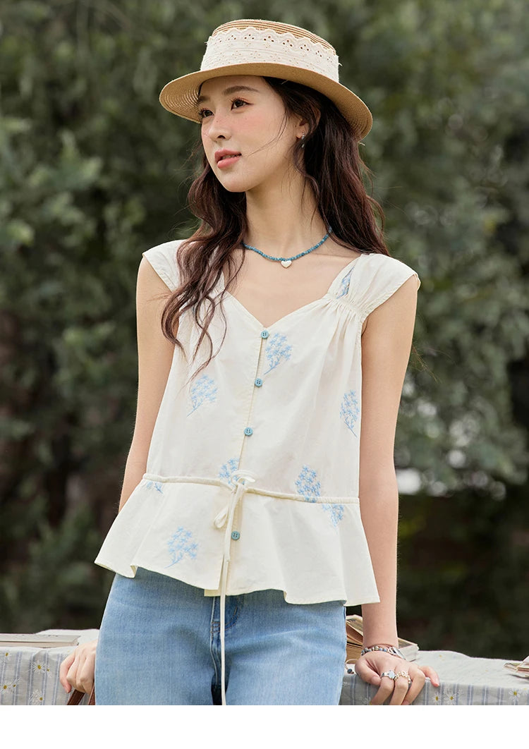 MISHOW Print Sleeveless V-Neck Blouse Blue Flower Cotton MXE32X1777