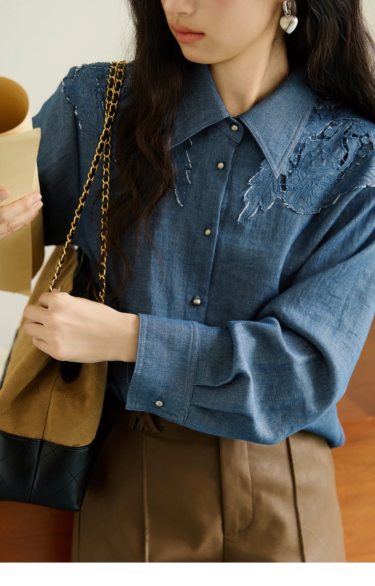 MISHOW Blue Shirt Hollowed Out Patchwork Embroidery Imitation Denim MXE46C2410