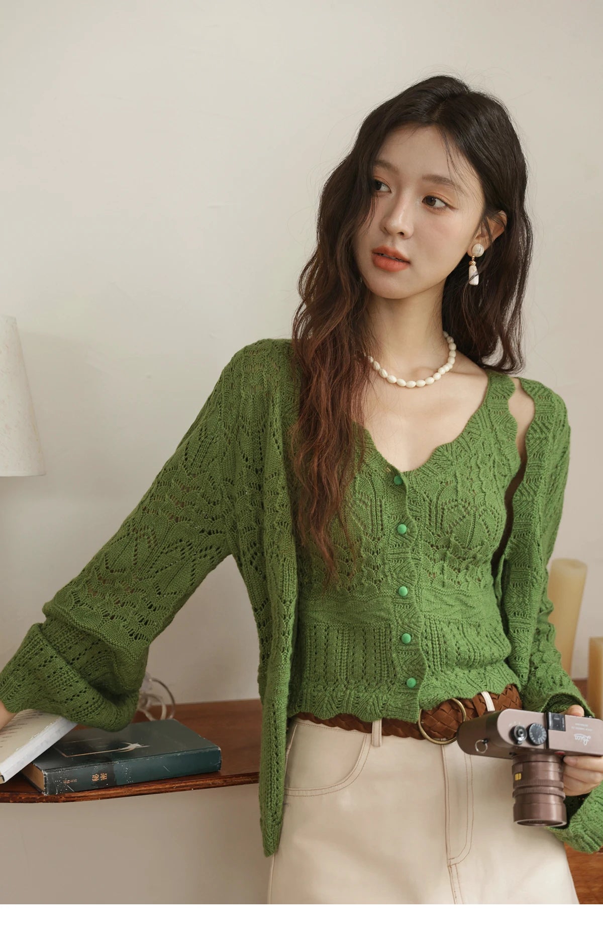 Mishow Flared Sleeve Lace-Up Cardigan & Camisole Set MXE42T0717