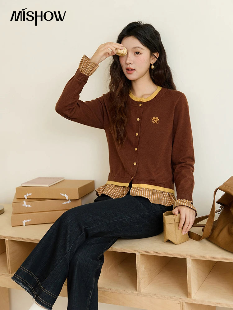 Mishow Fake Two Bow Embroidered Plaid Splicing Sweater MXE46Z2495