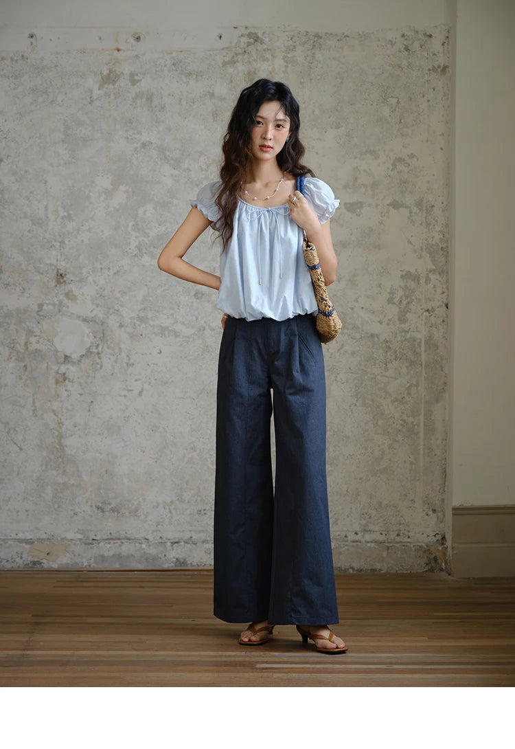 MISHOW Cotton Blouse Puff Sleeve Lace Up O-Neck MXE37X1893