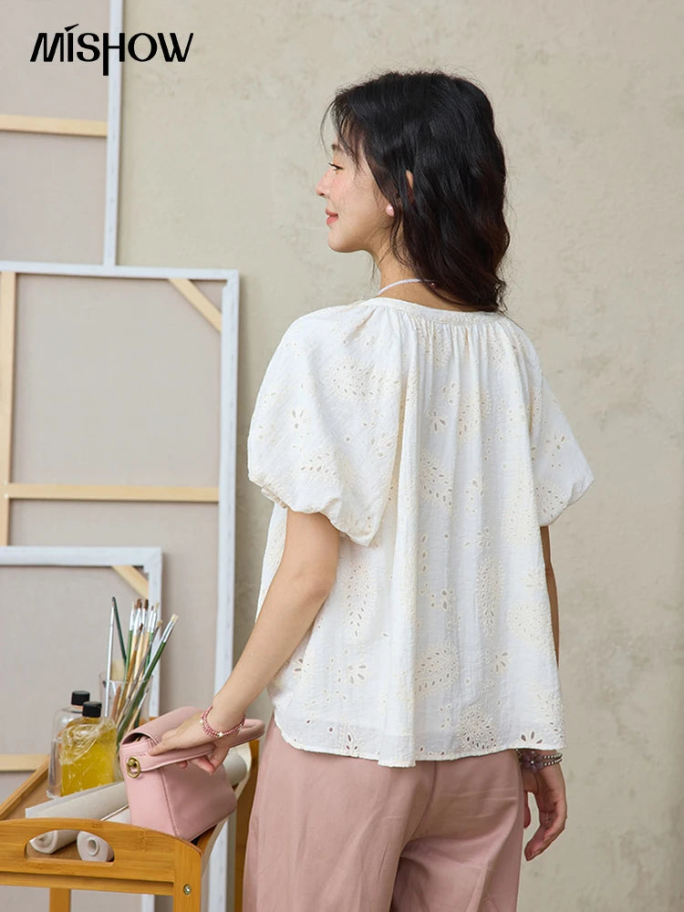 MISHOW Embroidery Jacquard Shirt V-Neck Lace Up Puff Sleeve MXE35X1790