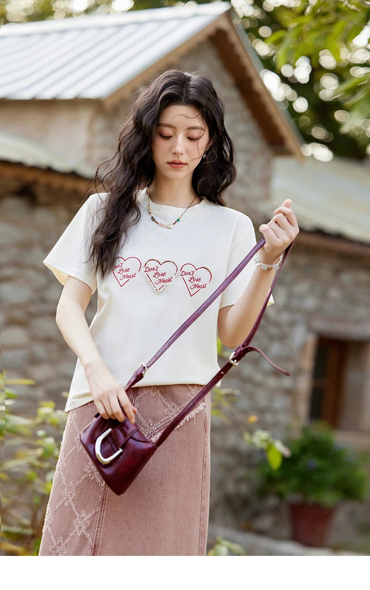 Mishow Apricot Heart Print Positive Shoulder Tee MXE11T0491