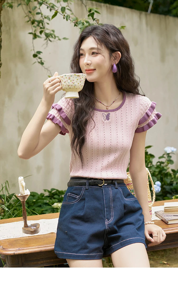 Mishow Embroidered Flower Pocket Wide Leg Denim Shorts MXD26K0707