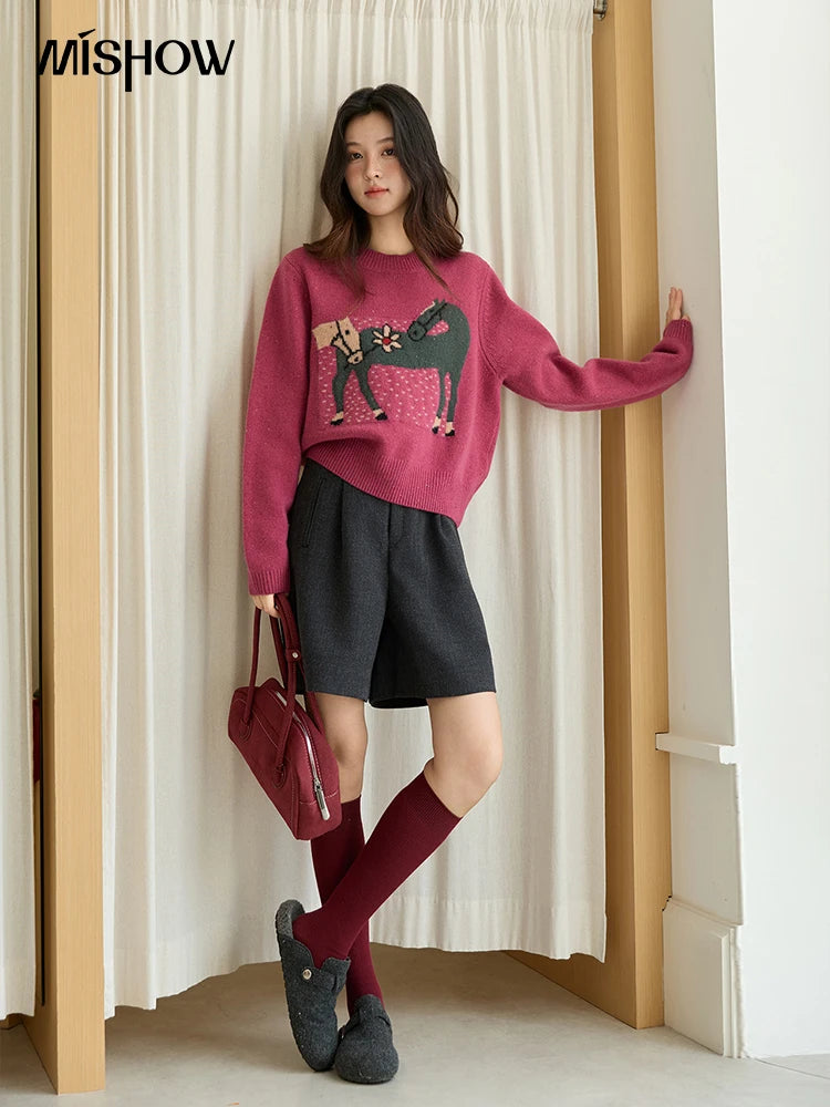 Mishow Red Pony Jacquard Round Neck Pullover MXE48Z2622