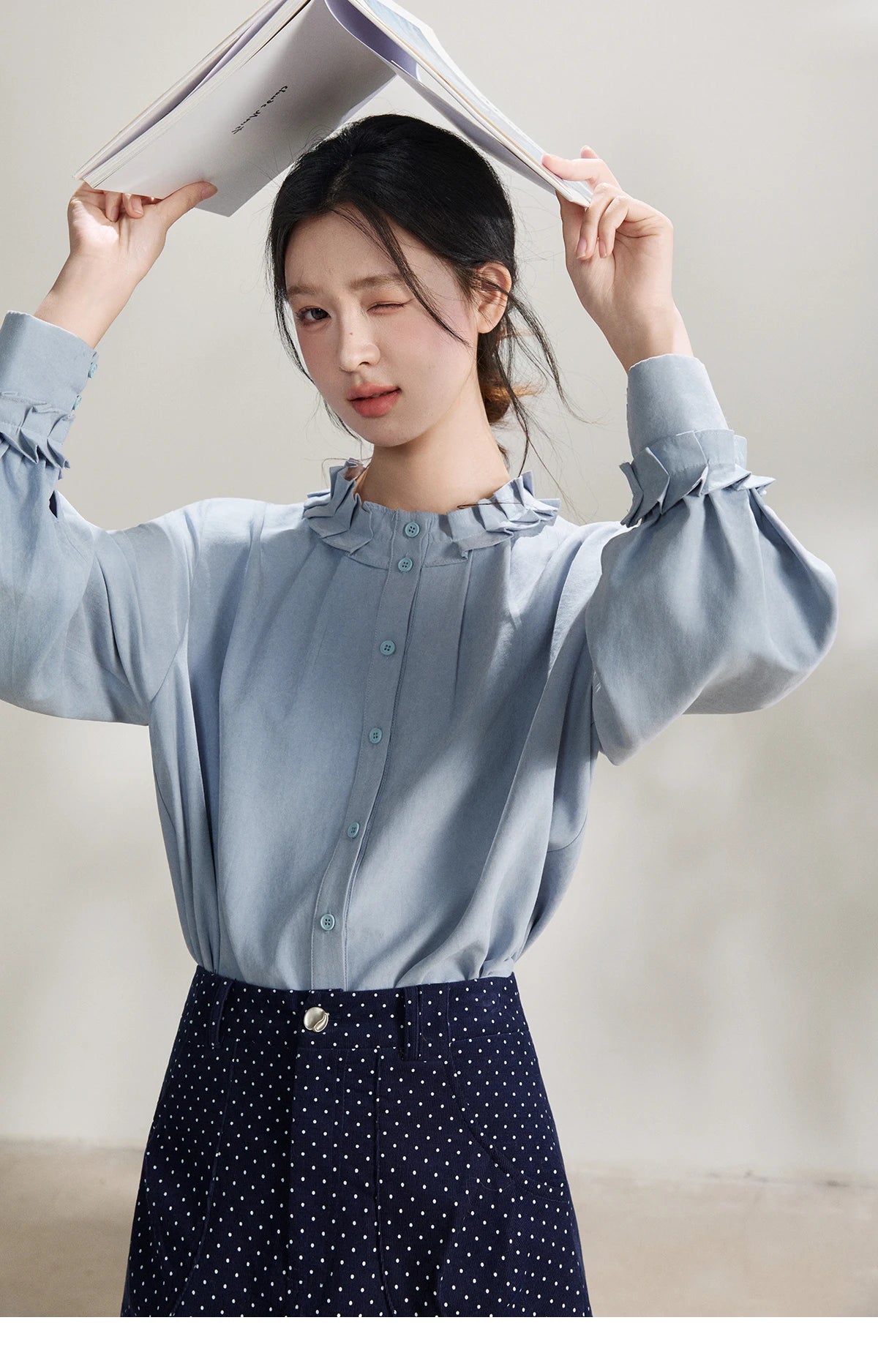 MISHOW Peach Skin Solid Shirt Ruffled Crew Neck MXF11C2431