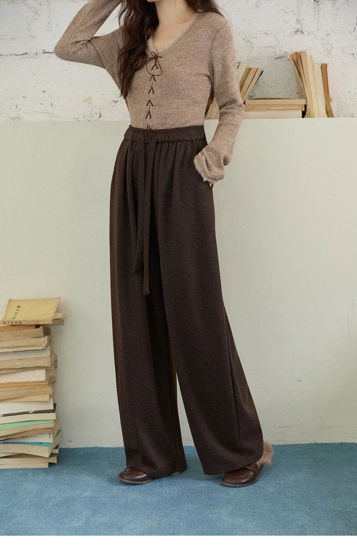 MISHOW Brown Wide-Leg Pants Thickened Drawstring Waistband MXE87K1126