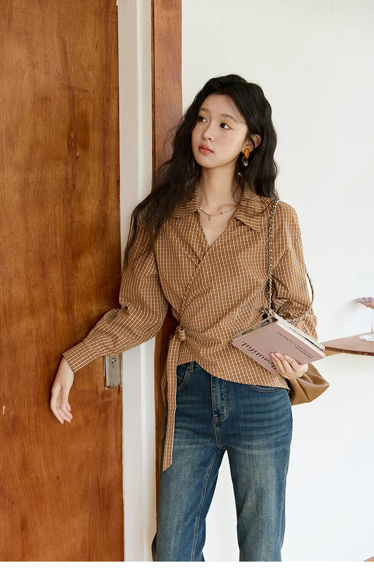 MISHOW Dark Orange Plaid Shirt Side Waist Lace-Up MXE46X2494