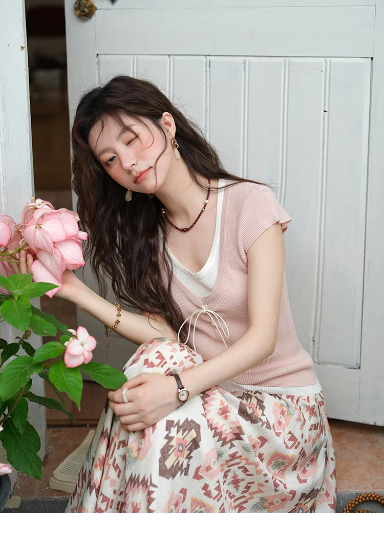 Mishow Round Neck Patchwork Flying Sleeve Lace Up Top MXE37Z1278
