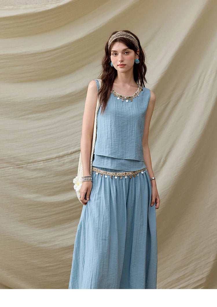 Mishow Sheel Ribbon Round Neck Top & High Waist Skirt Set MXE32T0556