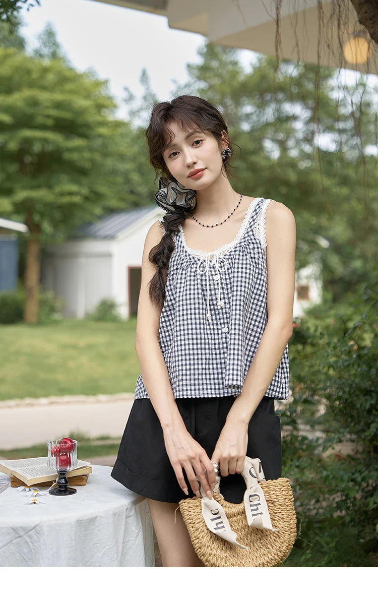MISHOW Lace Plaid Suspender Vest U Neck Sleeveless MXD26X1567