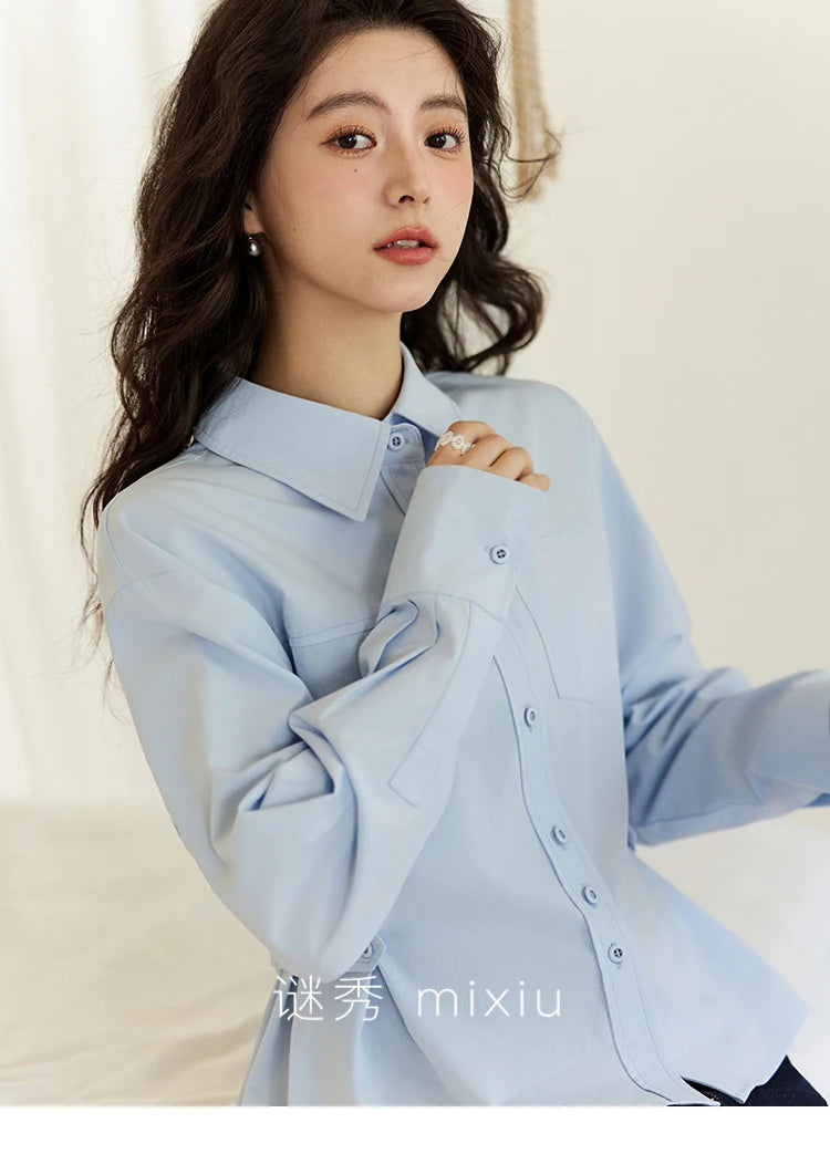 MISHOW Women's French Blue Shirt Polo Collar Waist Pocket MXE14C0753
