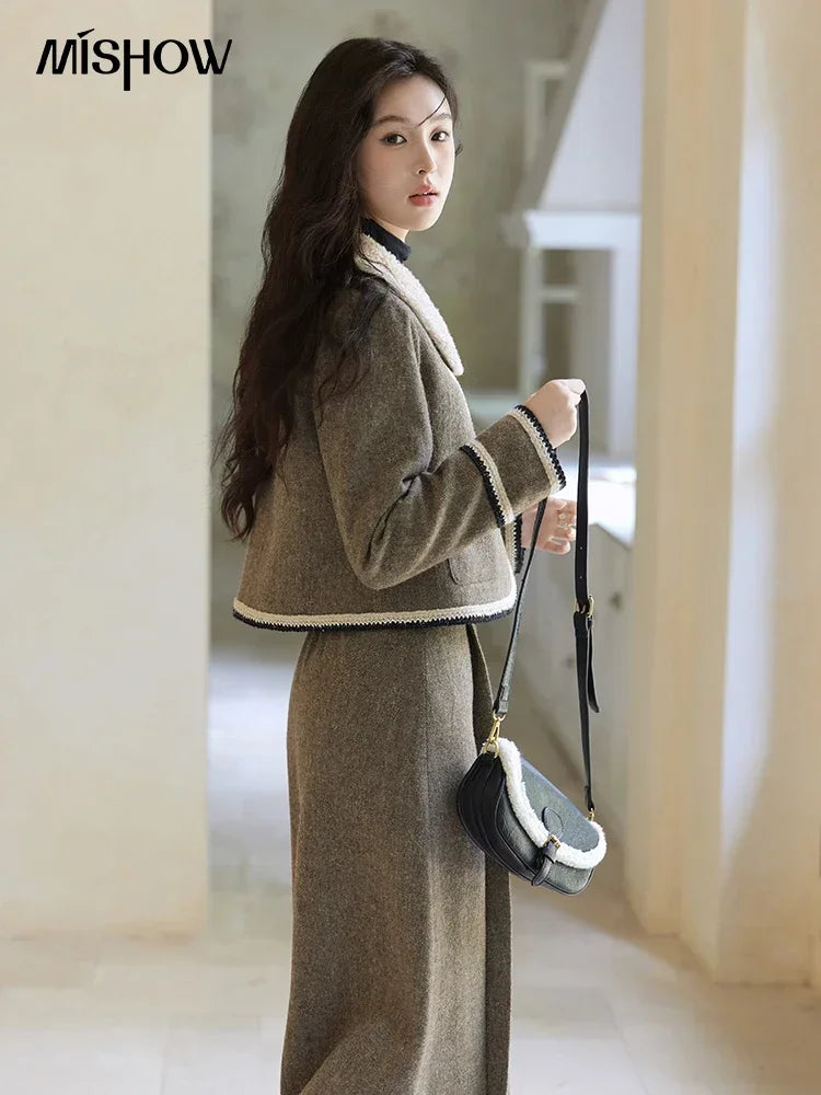 Mishow Vintage Plaid Tweed Jacket & Pleated Skirt Set MXD56W0569
