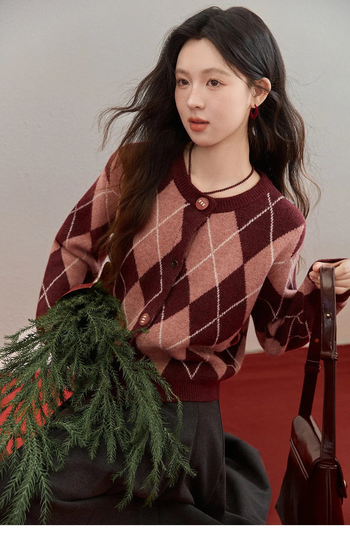 Mishow Retro Diamond Grid Contrast Cardigan MXE91Z2773