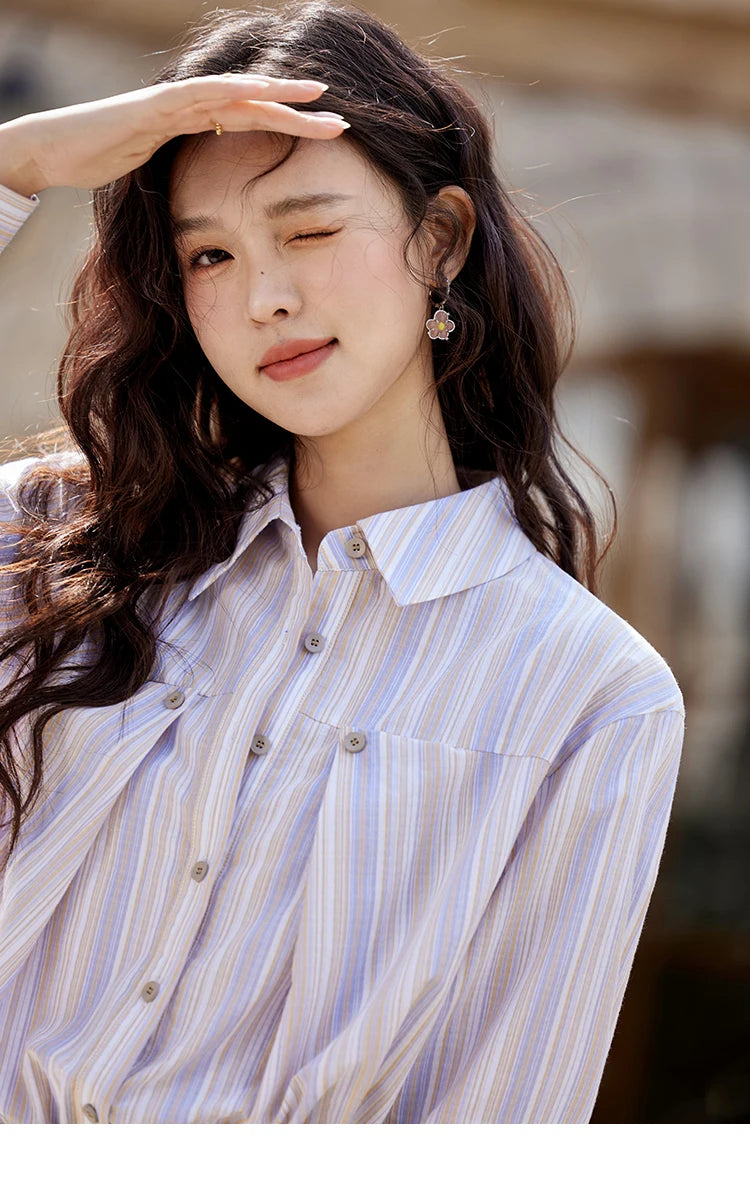 MISHOW Purple Striped Loose Shirt Turn-Down Collar MXE13C0407
