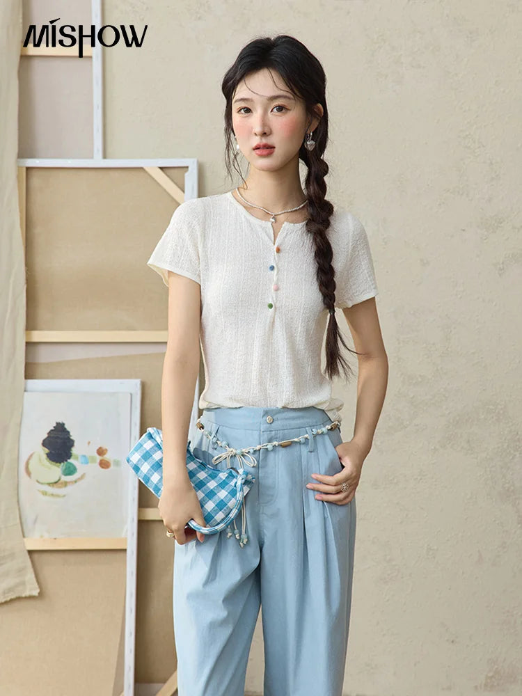 MISHOW Sea Salt Blue Wide Leg Pants Contrasting Bead Belt MXE35K0931
