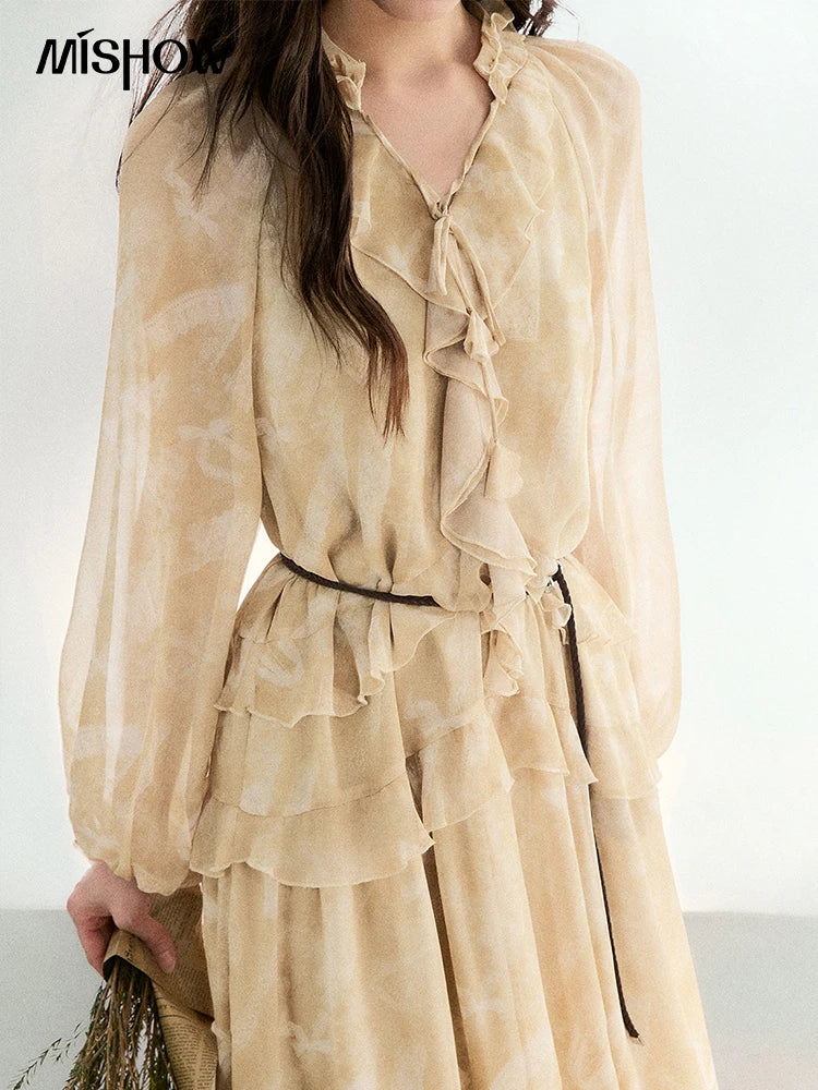 MISHOW Light Yellow Chiffon Maxi Dress V-Neck Ruffled Belted MXF11L2554