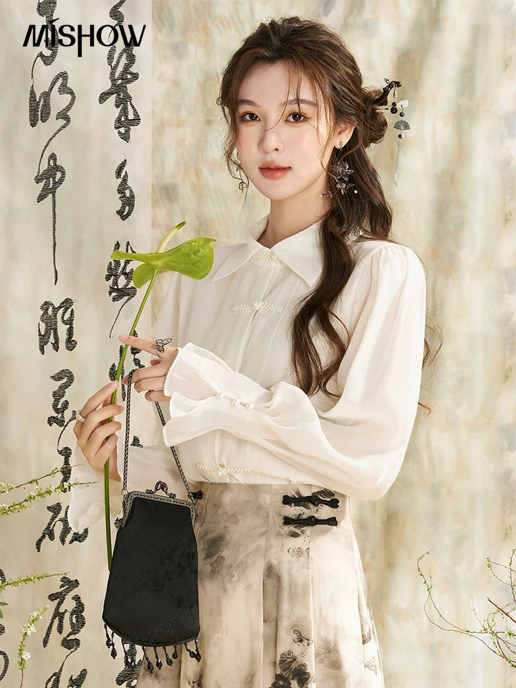 MISHOW Chinese Lapel Shirt Pearl Embellishments Petal Sleeve MXD11X1344