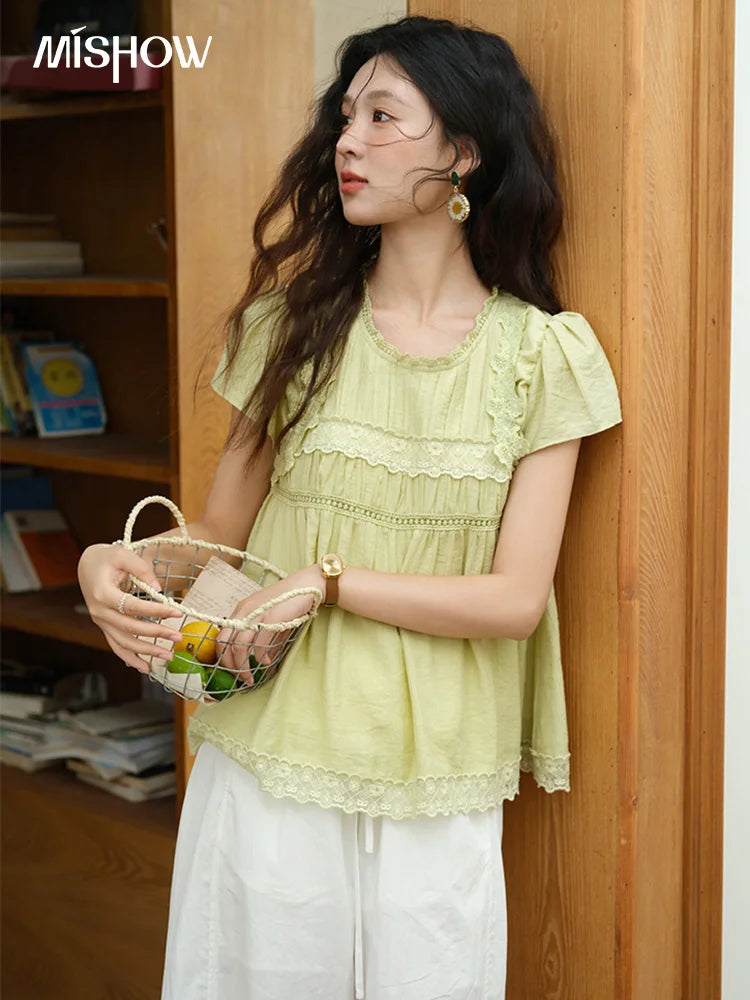 MISHOW Round Neck Blouse Mushroom Edge Lace Short Sleeve MXE39X1887