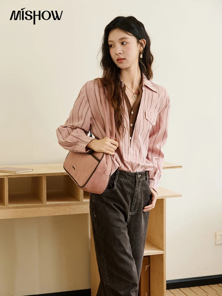 MISHOW Peach Skin Velvet Stripe Shirt Double Layered Collar MXE47C2408