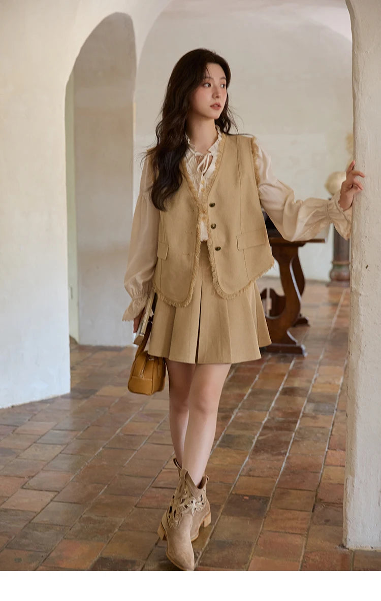 Mishow Khaki Selvedge Vest & Pleated Skirt Set MXE41T0690