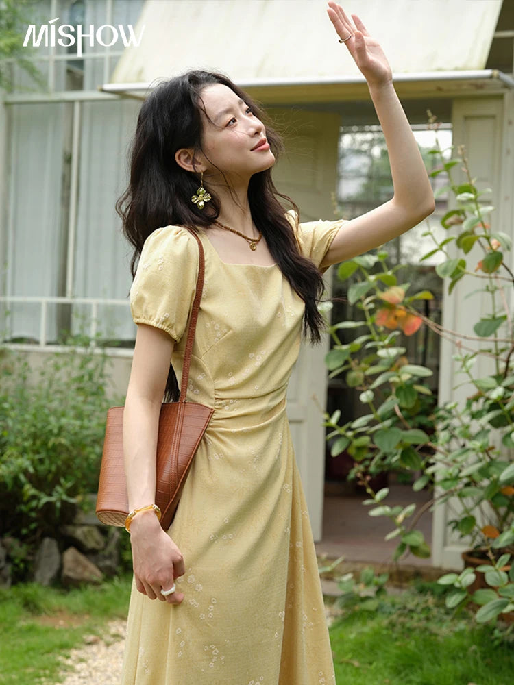 Mishow Square Neck Puff Sleeve Bamboo Jacquard Dress MXE39L2415