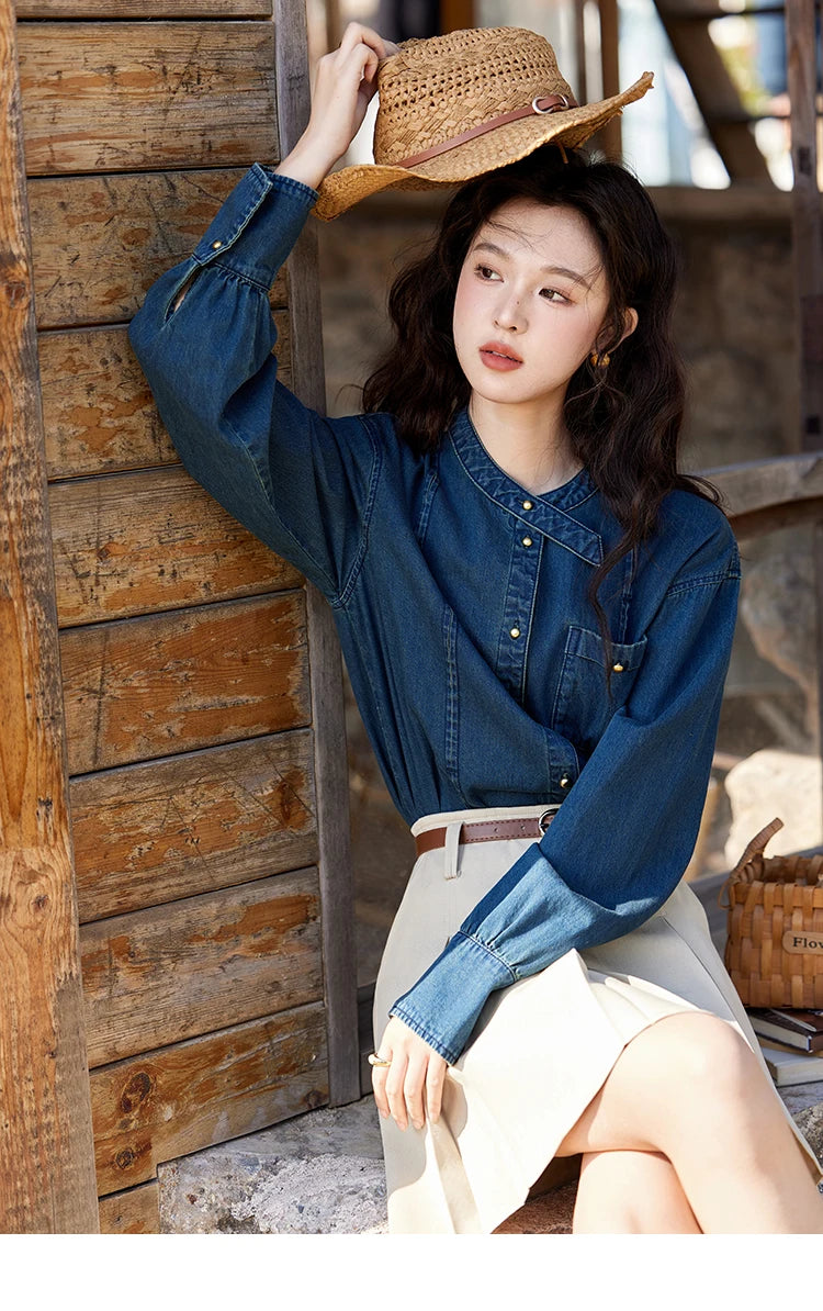 MISHOW 100% Cotton Denim Shirt O-Neck Loose Fit MXE12C0384