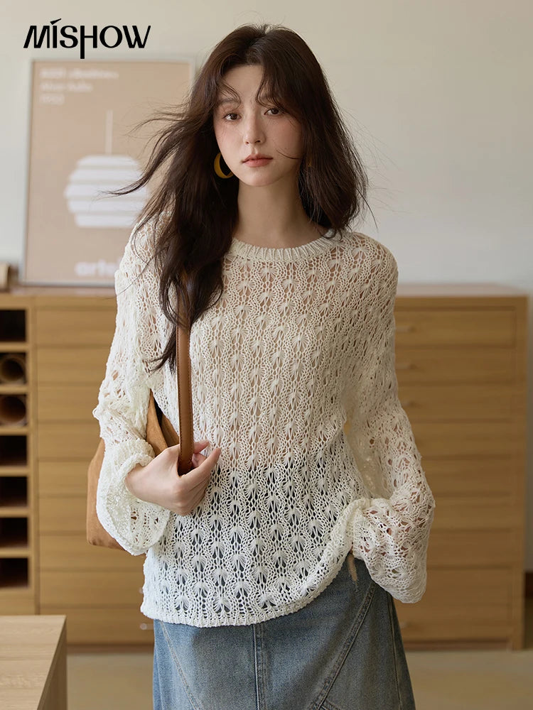 Mishow Hollow Jacquard Dropped Sleeve Sweater MXE43Z1360