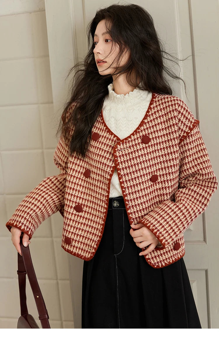 Mishow Red Plaid Double Breasted Tweed Jacket MXD56W0631