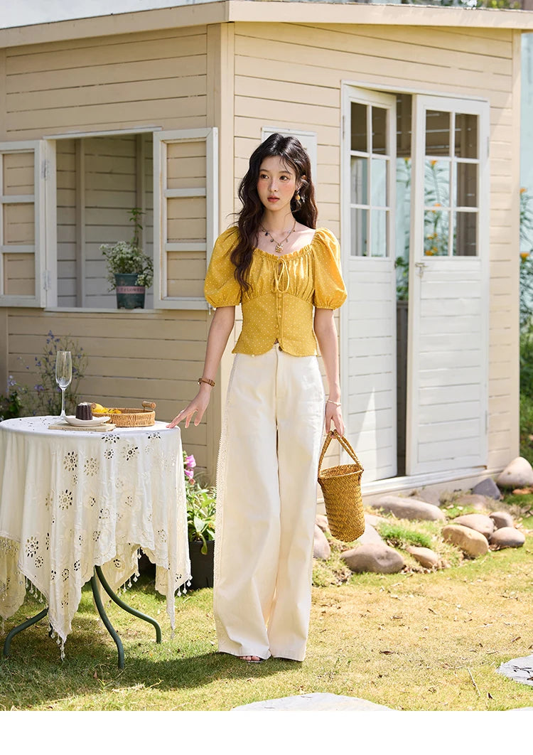 MISHOW Yellow Polka Dot One Shoulder Blouse Back Elastic Lace-Up MXE35X1840