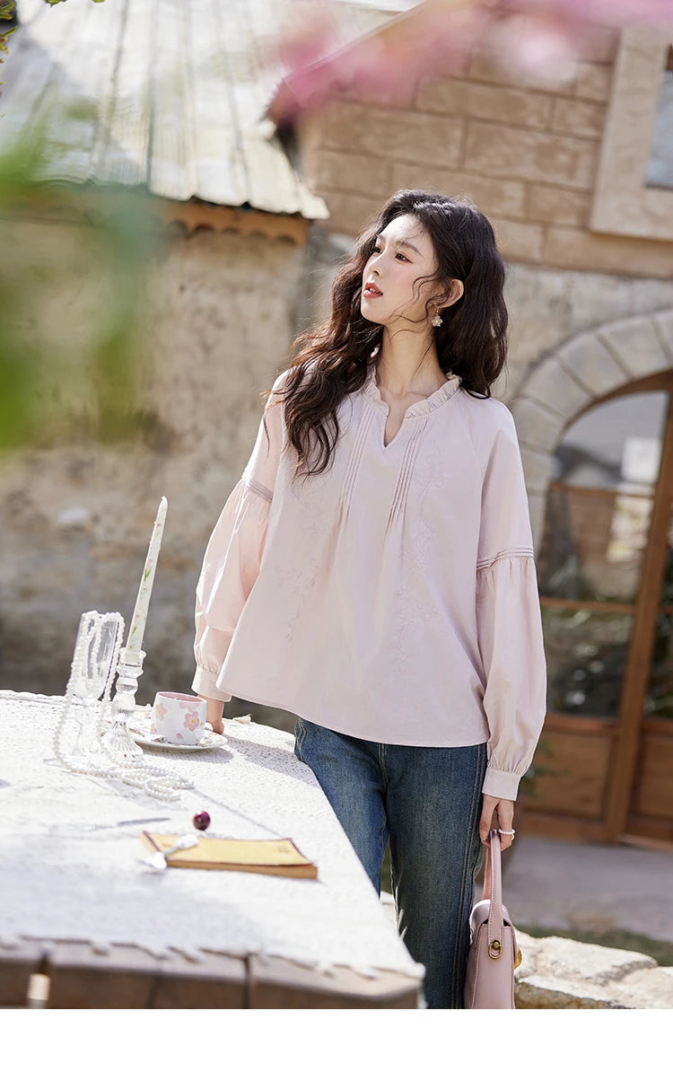 MISHOW Pink Cotton Ruffled Blouse Loose Long Sleeve MXE13X1699