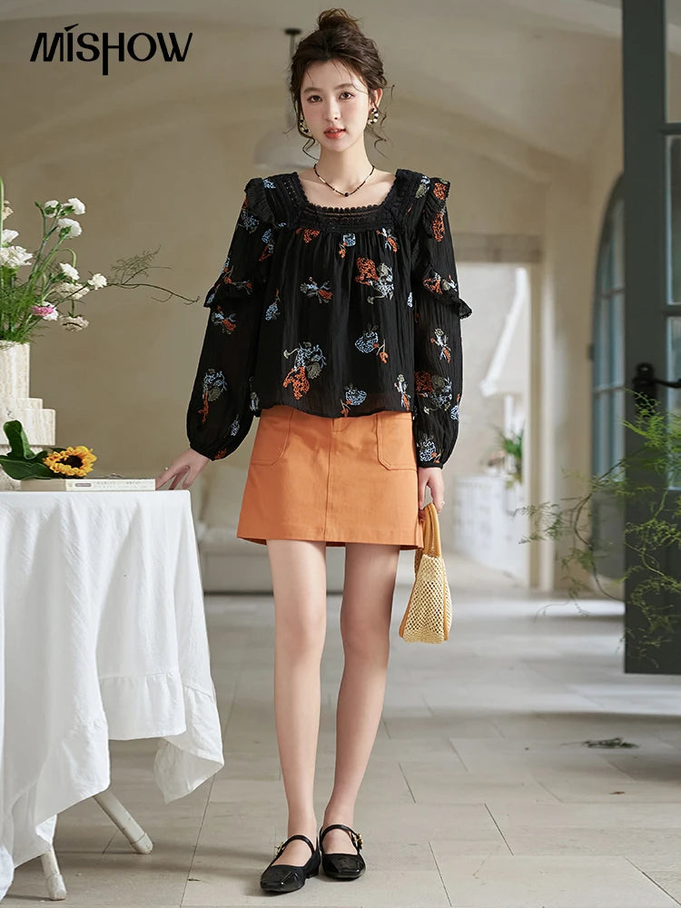 Mishow Orange High Waist Slim A-Line Pocket Skirt MXD13B0264