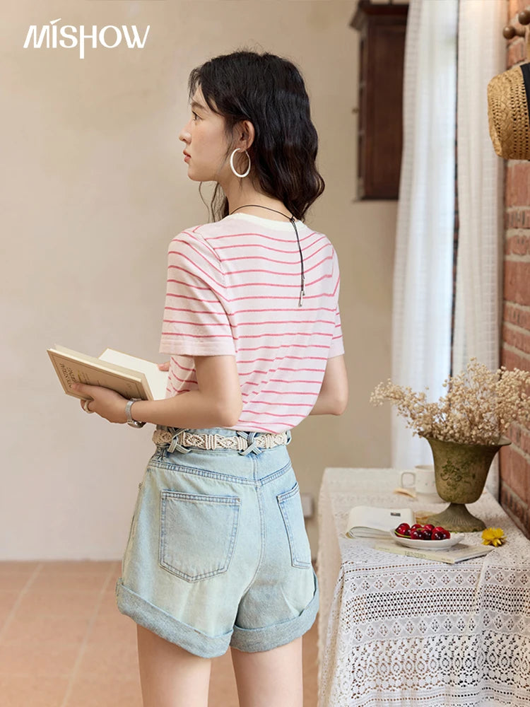 Mishow Retro Light Blue Washed Wide Leg Denim Shorts MXE35K0944