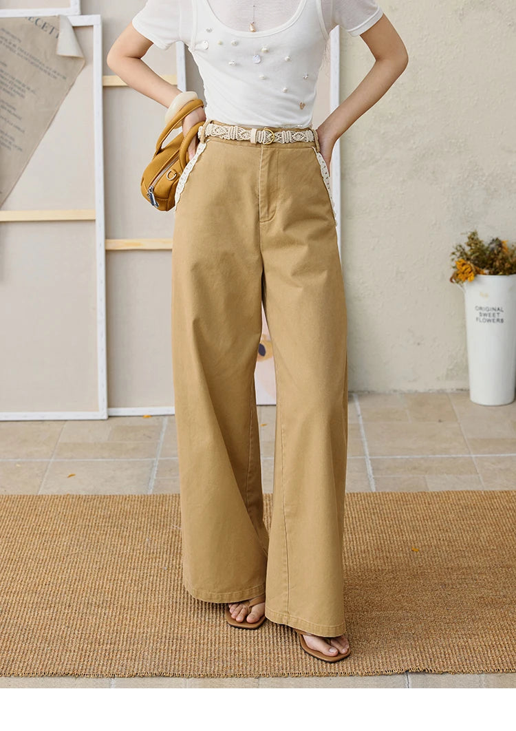 MISHOW Cotton Khaki Lace Patchwork Wide Leg Pants High Waist MXE34K0925