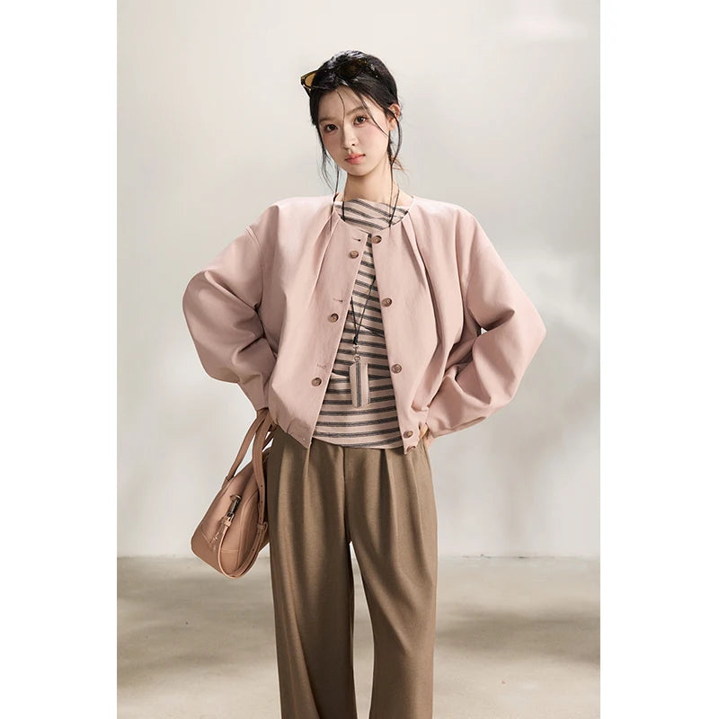 MISHOW Pink Flower Bud Leather Jacket Crew Neck Single-Breasted MXF108W1001