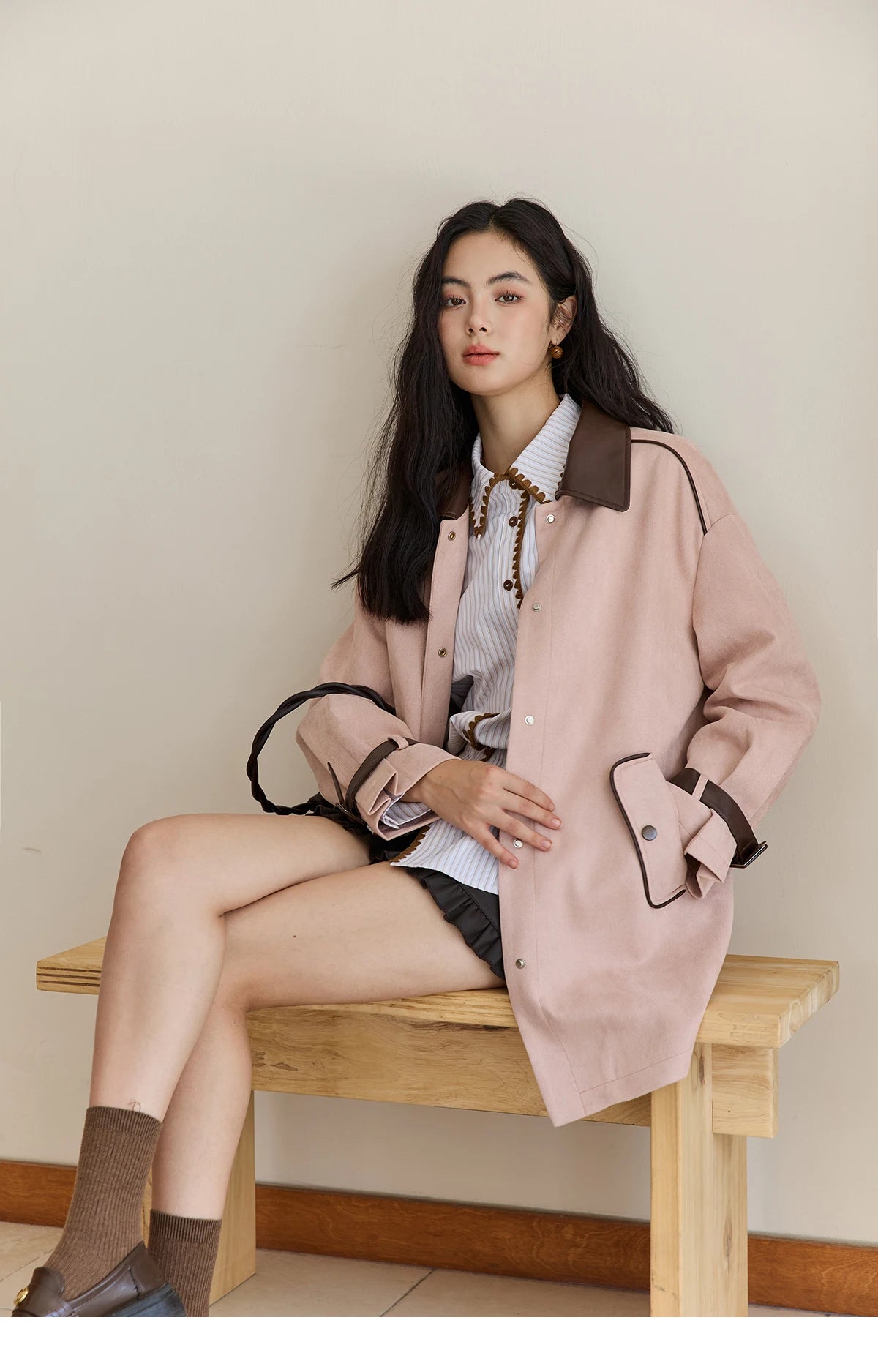 MISHOW Pink Mid-Length Jacket Turn-Down Collar Button Spliced MXE45W0845