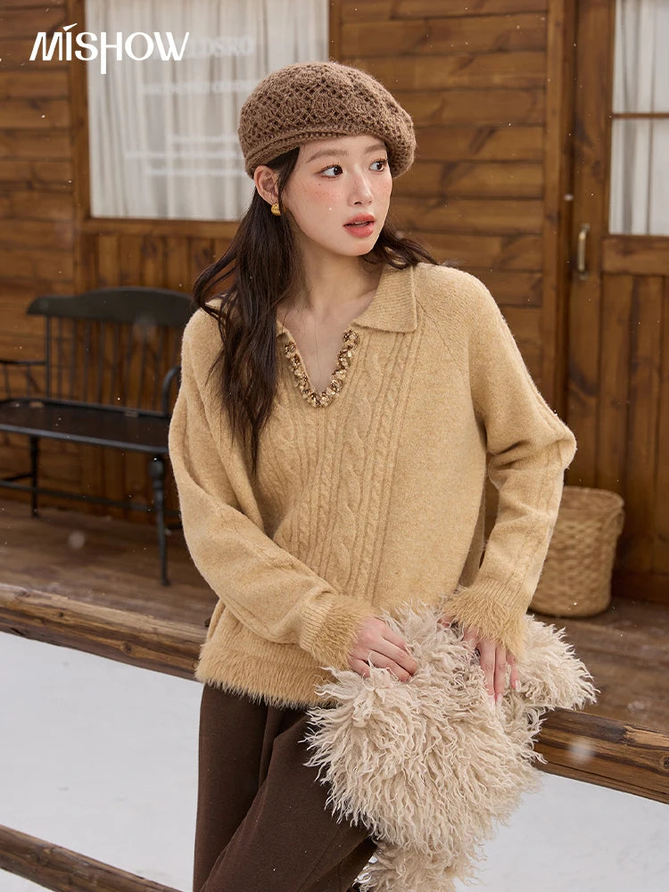 Mishow Yellow Cable Plush Hem Stitching Sweater MXE88Z2674