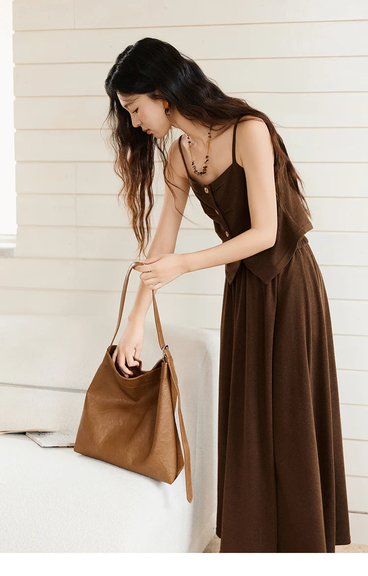 Mishow Retro Dark Brown Tank Top & Pleated A-Line Skirt Set MXE46T1378