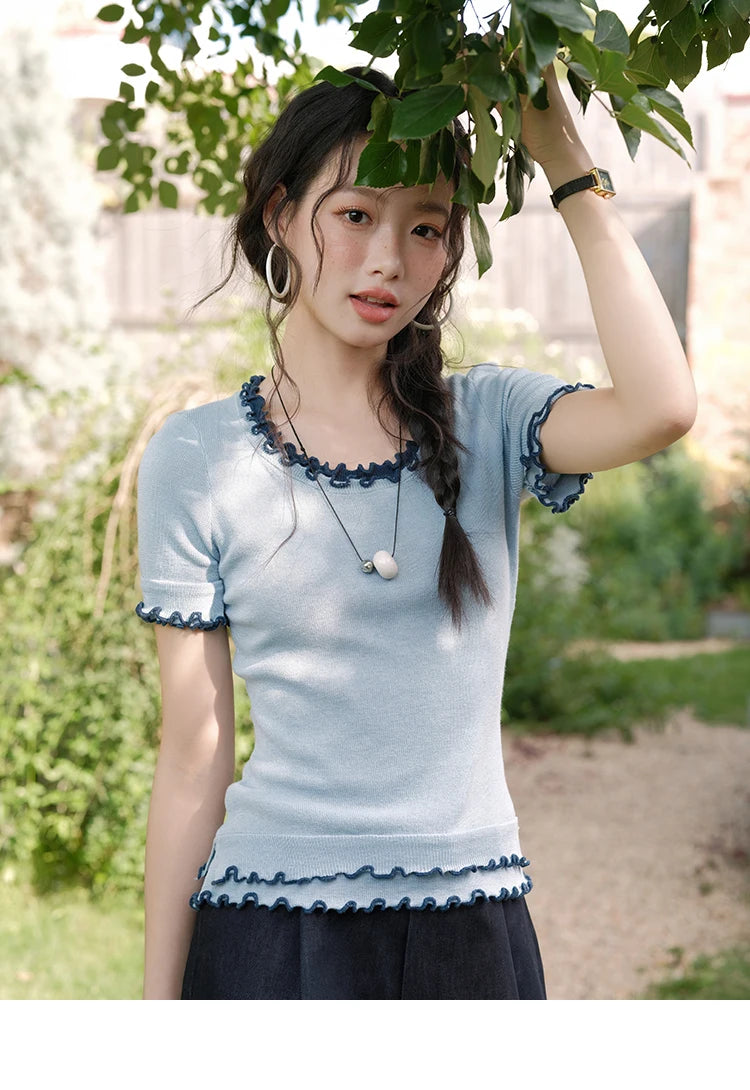 Mishow Round Neck Ear Edge Short Sleeve Tee MXE32Z1233